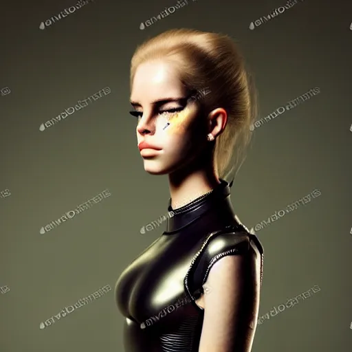 Image similar to young lady cyborg like lana del ray, bioorganic concept, beautiful face, full body,