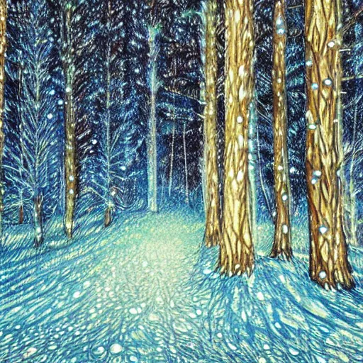 Image similar to bright nordic forest, sparkling spirits, detailed wide shot, crayon, ground detailed, wet eyes reflecting into eyes reflecting into infinity, beautiful lighting