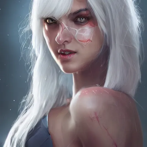 Prompt: full body portrait of white haired girl in spider man suit, super hero, pretty face, very beautiful face, very detailed eyes, webs, highly detailed, digital painting, artstation, concept art smooth, sharp focus, greg rutkowski, artey freytag