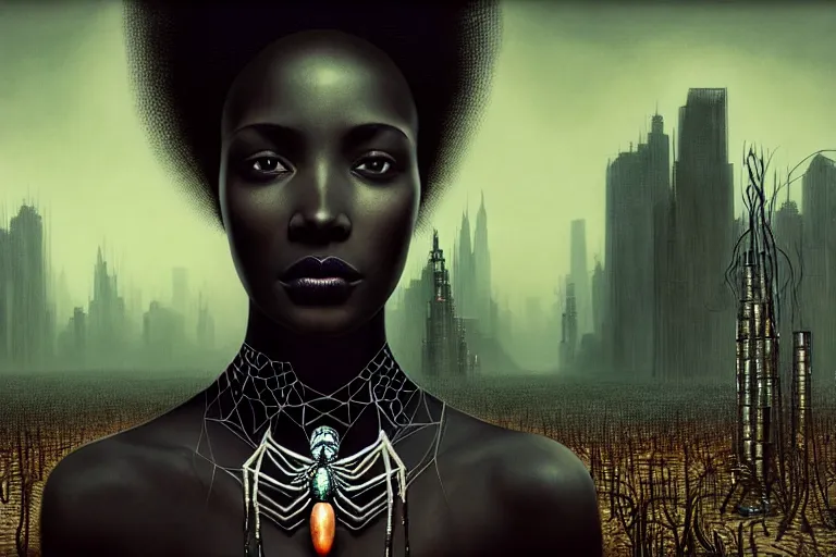 Image similar to realistic detailed photorealistic portrait movie shot of a beautiful black woman with a giant spider, dystopian city landscape background by denis villeneuve, amano, yves tanguy, alphonse mucha, ernst haeckel, david lynch, edward robert hughes, roger dean, cyber necklace, rich moody colours, cyber patterns, wide angle