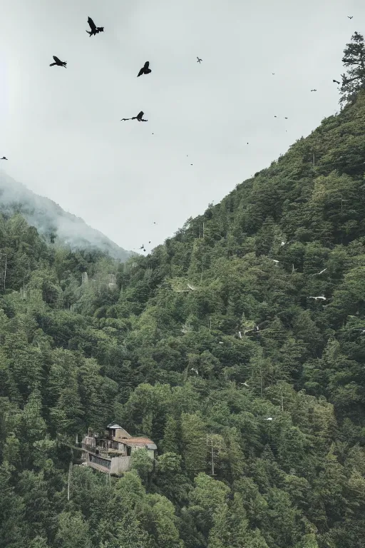 Image similar to sci fi nuclear containment buildings in a steep sided valley with trees, madman in gasmask fighting mutants, a sense of hope and optimism, birds overhead, stark light, day time, unsplash, national geographic, hd, high res