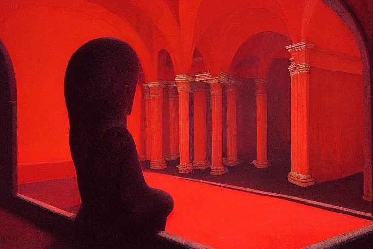 Image similar to only with red, a red melted emperor in an authoritarian position, taormina amphitheatre, crowd hails him, in the style of beksinski, parts by edward hopper, parts by rodcenko, parts by yue minjun, intricate and epic composition, red by caravaggio, insanely quality, highly detailed, masterpiece, red light, artstation, 4 k