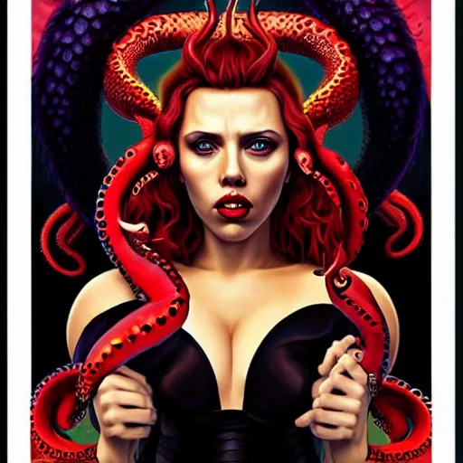 Image similar to demonic hell portrait of scarlett johansson as queen of hell, fire and flame, big long hell serpent dragon octopus, Pixar style, by Tristan Eaton Stanley Artgerm and Tom Bagshaw.