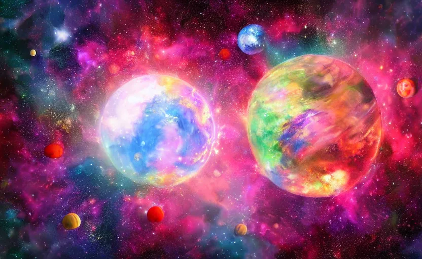 Prompt: ''a planet made of candy, colorful, space, universe, digital art, realistic''