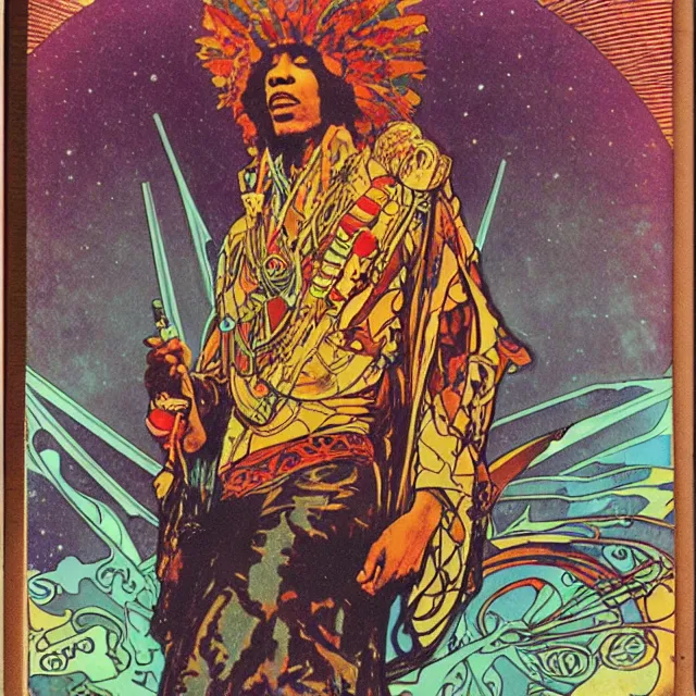Prompt: polaroid of a vintage record cover by Franklin Booth showing a portrait of Jimi Hendrix as a futuristic space shaman, Alphonse Mucha background, star map, smoke