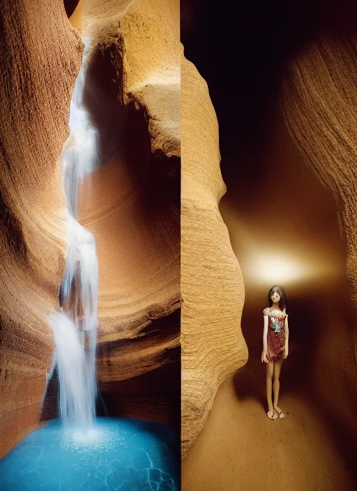 Prompt: Kodak Portra 400, 8K, soft light, volumetric lighting, highly detailed, Kasumi Arimura style 3/4 ,portrait photo of Japanese captivating female, the face emerges from Antelope Canyon, thermal waters flowing down gold travertine terraces, inspired by Ophelia paint , a beautiful luxurious royal suit, intricate hair with highly detailed realistic beautiful flowers , Realistic, Refined, Highly Detailed, ethereal lighting colors scheme, outdoor fine art photography, Hyper realistic, photo realistic