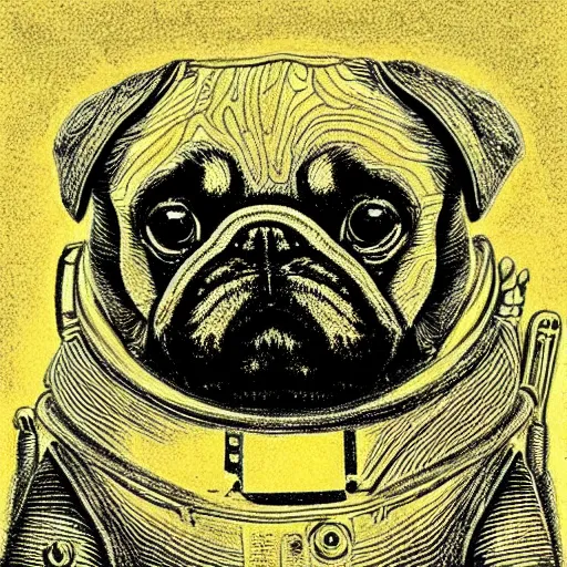 Image similar to pencil art, golden - ratio, spirals, highly detailed, psychedelic astronaut pug in outer space by davinci.