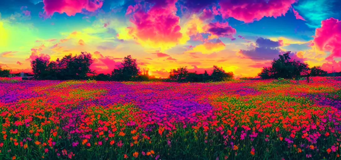 Image similar to an impossible field of beautiful neon colored flowers with a beautiful sunset, vaporwave