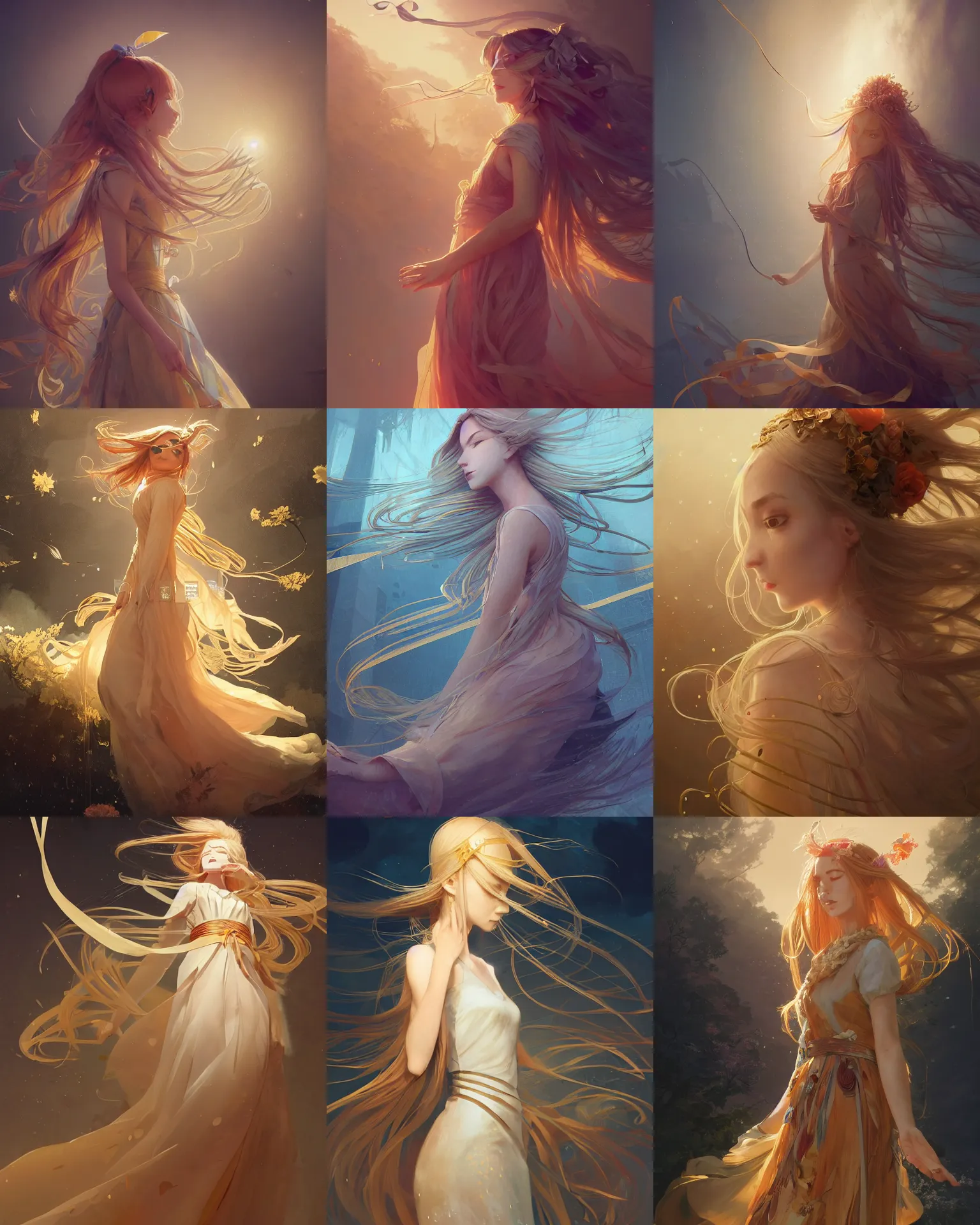 Prompt: museum curator of abstract work with long golden hair and a beautiful dress with ribbons, magnificent, medium shot close up, details, sharp focus, elegant, highly detailed, illustration, by Jordan Grimmer and greg rutkowski and PiNe(パイネ) and 薯子Imoko and 香川悠作 and wlop and maya takamura, intricate, beautiful, Trending artstation, pixiv, digital Art