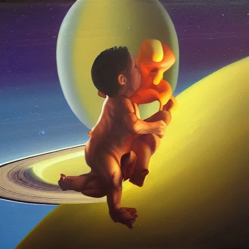 Image similar to stock photo of Saturn eating his child, oil on canvas, trending on artstation, deviantart