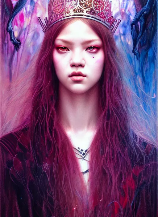 Image similar to jossi of blackpink, king, tarot card, highly detailed, digital painting, smooth, sharp focus, illustration, ultra realistic, unreal engine 8 k, art by karol bak and agnes cecile