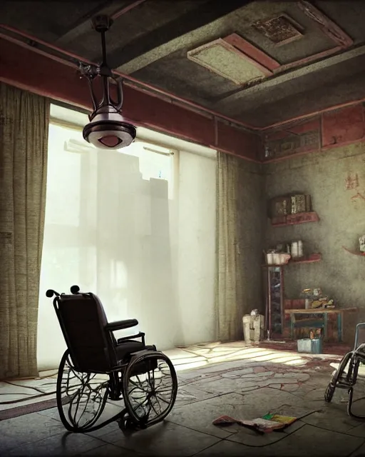 Image similar to artstation scifi scene a chinese village old ward, one ceiling fan, wheelchair, crutches, bed, dust, paneled walls, window, summer unreal engine 5, hyper realism, realistic shading, cinematic composition, blender render, octane render, hdr, detailed textures, photorealistic, wide shot