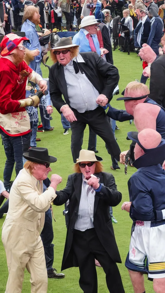 Image similar to michael fish vs john mccririck in a boxing match, in the middle of a paddock