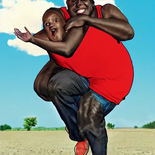 Image similar to a little black person rides on the shoulder's of a huge 7 ft tall 5 0 0 pound black man. hyperreal - h 6 4 0