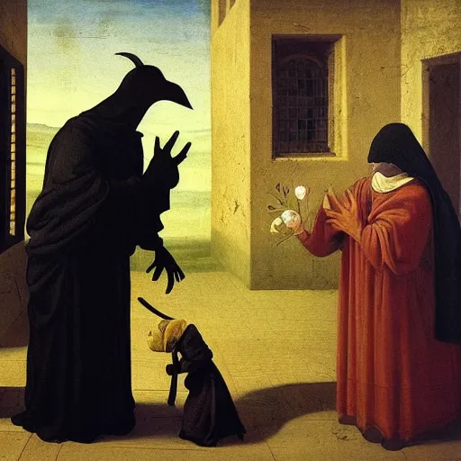 Image similar to a plague doctor giving a flower to a sick child, renaissance painting, golden ratio, morning light, 8k