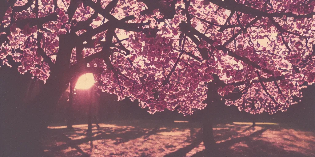 Prompt: analog polaroid of cherry tree, dark pink cherries, sunlight, lens flare