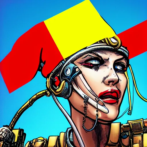 Image similar to tank girl comic, ultra detailed face, ukrainan flag