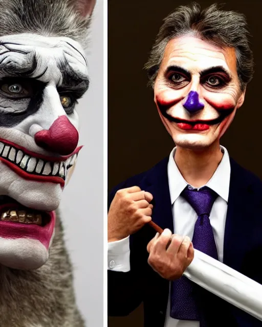 Image similar to Mauricio Macri in Elaborate Joker Makeup and prosthetics designed by Rick Baker, Hyperreal, Head Shots Photographed in the Style of Annie Leibovitz, Studio Lighting, Mauricio Macri with an angry cat in his hand