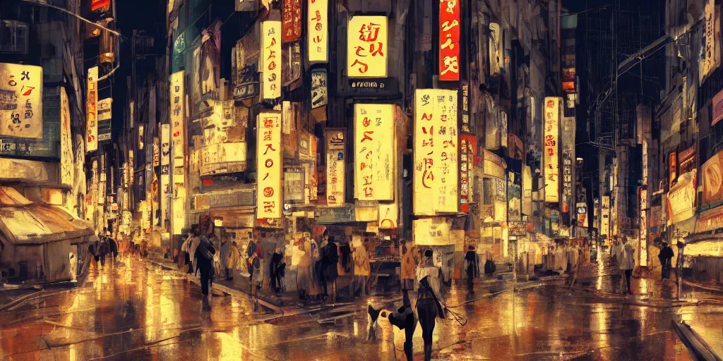 Image similar to a cat walking at the busy streets of tokyo at night, mixed media, concept art, digital painting, trending on artstation, highly detailed, epic composition, 8 k uhd