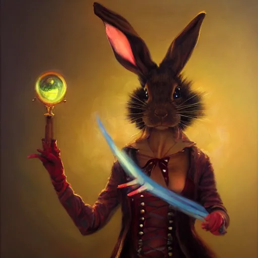 Prompt: oil painting of a rabbit dressed like a female stage magician holding a magic wand, urban fantasy art by seb mckinnon, artstation npc character design, top - rated