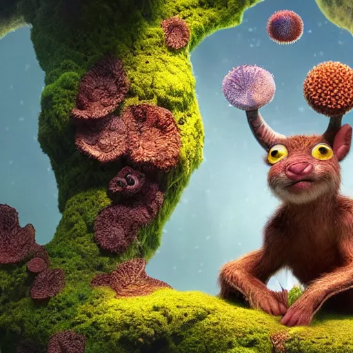 Prompt: tiny satyr, moss, floating, rbc, radiolaria, protophyta, micro - organisms, center frame, symmetric, rim light, marine microbiology, underwater, bioluminescence, electric, soft, concept art, intricate details, highly detailed, colorful, photorealistic, disney pixar, octane render, iridescent