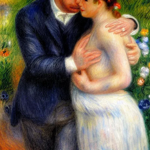 Prompt: in the style of Pierre-Auguste Renoir, I dreamt that we left all the pain and sorrows behind. We looked into our eyes as we placed our hands on each other’s chest, and all the love and happiness that had been dampened by our wounds emerged like a sprout. It felt like home. Our bodies were covered by soothing colors. Blue, violet, pink and white rays of light caressed our hearts, and suddenly, we were one. It was always meant to be that way, even though our heads tried to fool us in the past. We were one. ethereal lights, details, smooth, sharp focus, illustration, realistic, cinematic, artstation, award winning, rgb , unreal engine, octane render, cinematic light, macro, depth of field, blur, red light and clouds from the back, highly detailed epic cinematic concept art CG render made in Maya, Blender and Photoshop, octane render, excellent composition, dynamic dramatic cinematic lighting, aesthetic, very inspirational, arthouse.