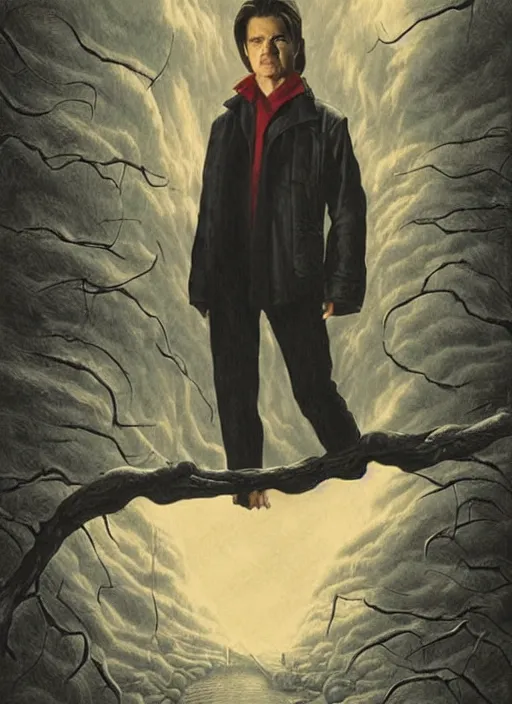 Image similar to small innocent tom cruise, evil beings pull the strings into his mind, they reach into his mind, twin peaks poster art, from scene from twin peaks, by michael whelan, artgerm, retro, nostalgic, old fashioned