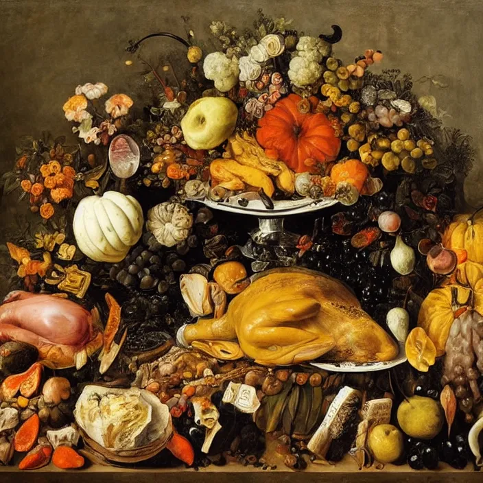 Image similar to victorian thanksgiving feast, fruit and vegetables, black background, vanitas, still life by giuseppe arcimboldo and pieter claesz, a flemish baroque by jan davidsz. de heem and jan van kessel the younger, dutch golden age, pinterest, rococo, hd, intricate high detail masterpiece