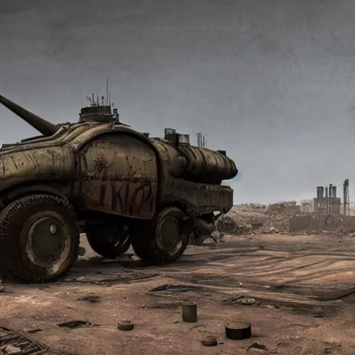 Image similar to a post-apocalyptic tank in the style of mad-max in the style of fallout in the style of metro:2033 trending on artstation deviantart Pinterest Photorealistic HD 8k highlights and shadow detailed High Resolution