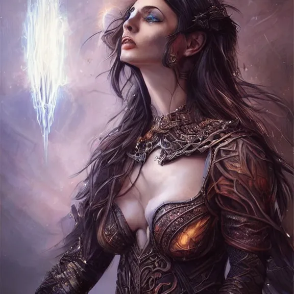Prompt: a higly detailed full body shot portrait painting of a sorceress with piercing beautiful eyes, dark dungeon setting, dynamic lighting, ambient lighting, deviantart, art by artgerm and karol bak and mark brooks