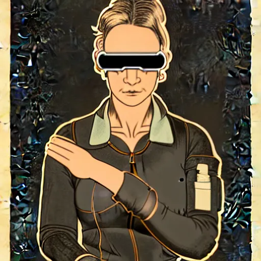 Image similar to tattooed stoic heroic emotionless dirty butch blonde woman mechanic with very short slicked - back hair, full body, uncomfortable awkward and anxious, wearing dark - lensed victorian goggles, wearing flight suit, moebius, rough paper, smooth median photoshop filter cutout vector, moebius, ron cobb, sci fi, behance hd