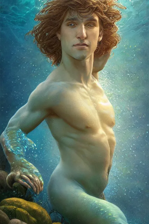 Image similar to photorealistic portrait photograph of stephen hillenburg as an ethereal aquatic merman, upper body, fantasy, handsome, depth of field, soft focus, highly detailed, intricate, realistic, national geographic cover, soft glow, textured, artstation, concept art, sharp focus, illustration, art by artgerm and greg rutkowski and alphonse mucha