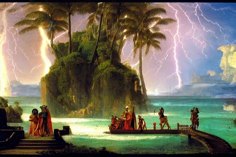 Image similar to Knight leaving the palace through the bridge, refracted sparkles, thunderstorm, beach and Tropical vegetation on the background major arcana sky and symbols, by paul delaroche, hyperrealistic 4k uhd, award-winning, very detailed paradise