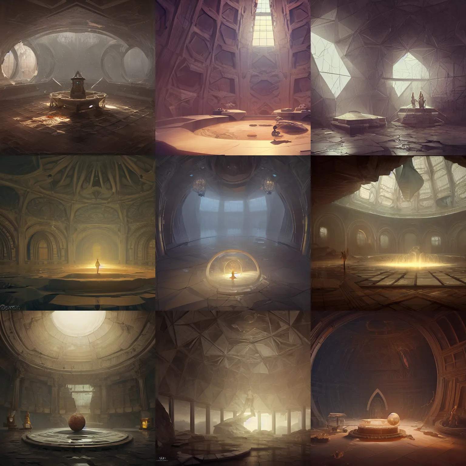 Prompt: interior of a marble dome, polygonal wooden walls, large floating chained polygon spilling water in center of room, by peter mohrbacher dan mumford craig mullins nekro, cgsociety, pixiv, volumetric light, 3 d render