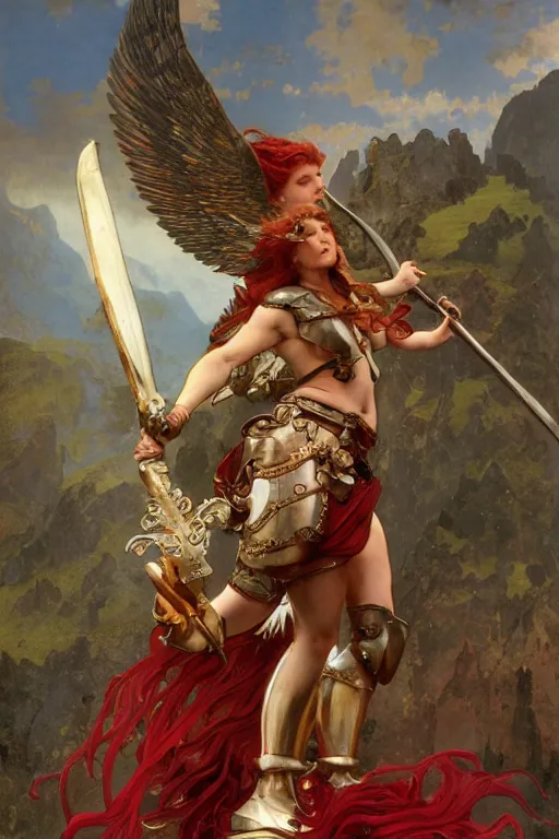 Prompt: full - body matte portrait of a red haired angelic valkyrie with huge silver wings in a heroic pose, wearing thick bronze plate armor at the top of a mountain, holding a spear made of lightning, art by albert bierstadt, alphonse mucha, andreas rocha, greg rutkowski, sharp edges. ultra clear detailed. 8 k. elegant. octane render