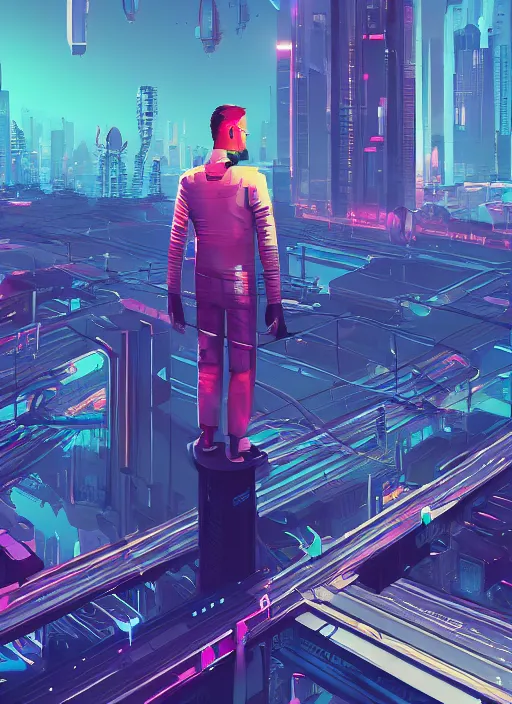 Prompt: a man standing on top of a bridge over a city, cyberpunk art by james gilleard, cgsociety, retrofuturism, synthwave, cityscape, 2 d game art