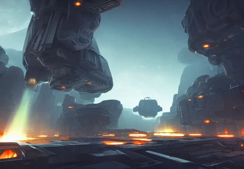 prompthunt: a minimalist scifi brutalist maschinen krieger robot factory at  the golden hour with columns of steam, ilm, beeple, star citizen halo, mass  effect, bladerunner, elysium