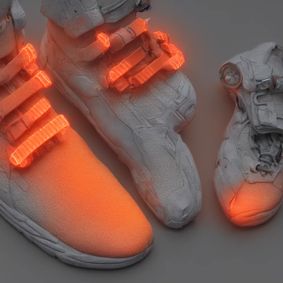 Prompt: realistic 8 k sculpture of a cyberpunk sneaker with neon illuminated rubber soles and soft orange shoelaces, sitting on a textured grey surface, clean 3 d render, beautiful studio lighting, soft, sharp focus, cyberpunk, intricate detail, gold and red accents, soft rubber, octane render, trending on artstation, deviantart, art by hiroshi fujiwara