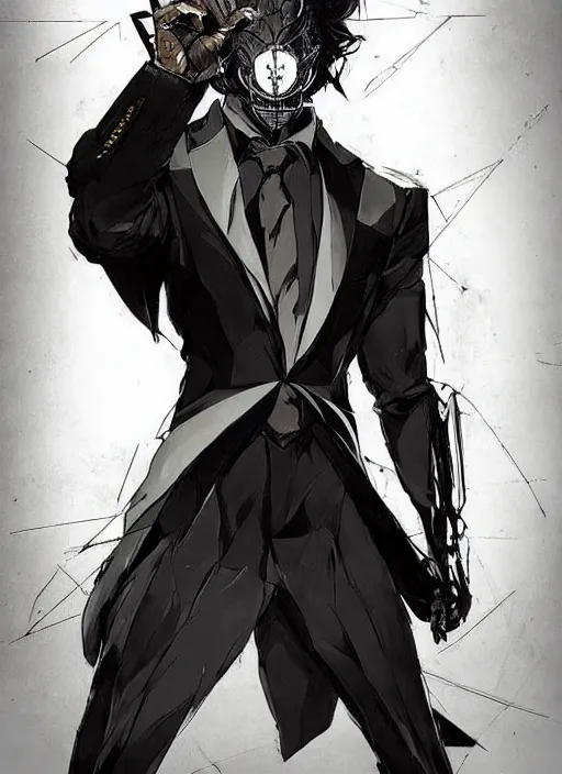 Prompt: Full body portrait of a god of intellect, a man in a tuxedo wearing a shattered mirror mask. In style of Yoji Shinkawa and Hyung-tae Kim, trending on ArtStation, dark fantasy, great composition, concept art, highly detailed, dynamic pose.