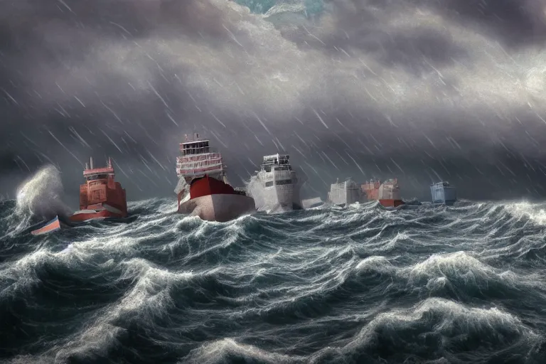 Image similar to merchant ship fleet in a storm, in the style of vernon grant and chris van allsburg, raging stormy sea, trending on artstation, bright tilt - shift camcorder effect, photoshop, retrowave, hyperrealism, octane, sharp focus, masterpiece