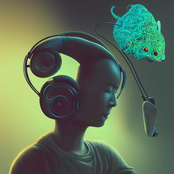 Prompt: mouse with headphones, HD, 4K, intricate abstract. intricate artwork. by Tooth Wu, wlop, beeple, dan mumford, octane render, trending on artstation, greg rutkowski very coherent symmetrical artwork. cinematic, hyper realism, high detail, octane render, 8k, iridescent accents