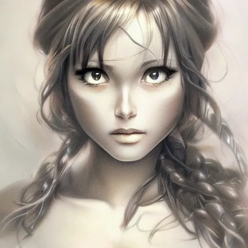 Image similar to pencil art, detailed portrait of anime girl, intricate, hyper detailed, realistic, oil painting, by julie bell, frank frazetta, cinematic lighting