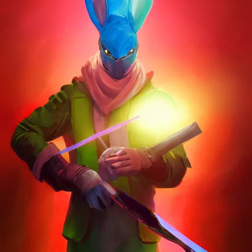 Image similar to a majestic, beautiful humanoid bunny rabbit in the style of the drifter from the video game hyperlight drifter holding a sword made of light, award winning, oil painting, detailed, 4k, highlight