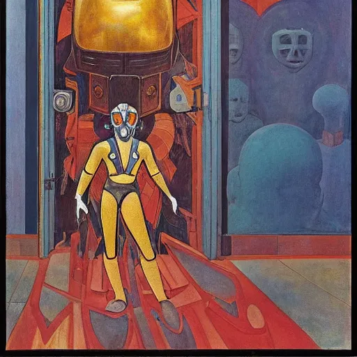 Prompt: the enemy in her robot mask is at the door, by annie swynnerton and kit williams and diego rivera and leo and diane dillon and nicholas roerich, symbolist, dramatic lighting, elaborate geometric ornament, art brut, god rays, soft cool colors, smooth, sharp focus, extremely detailed