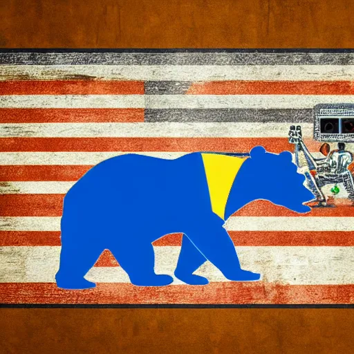 Image similar to California state flag with a robot riding on top of the bear