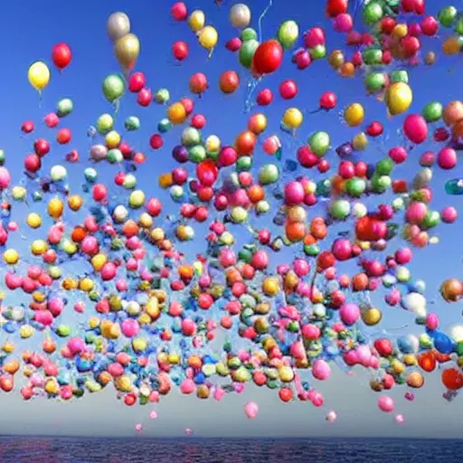 Prompt: a million balloons floating over the ocean, balloons, ocean