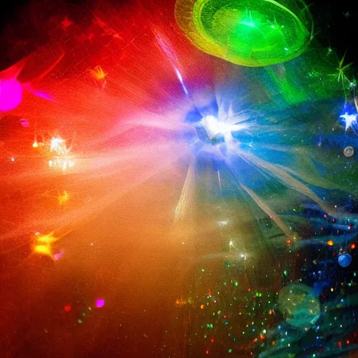 Image similar to light refraction, abstract, crystals, sparkles, in a dark studio room. magical and fantasy material, orb, polished. Some colorful smoke steaming out of it.