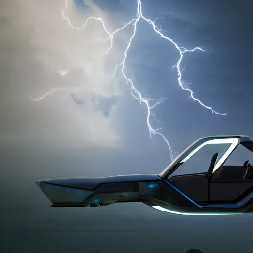 Prompt: futuristic flying car in a night sky thunderstorm, emerging from a circular portal made of lightning, 8k 28mm cinematic photo