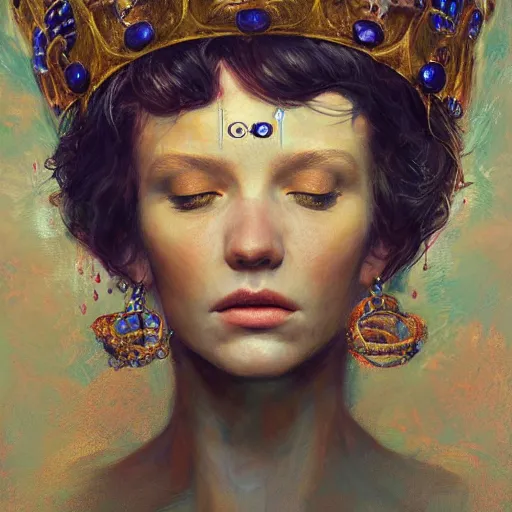 Prompt: Symbolic portrait of an ethereal Queen wearing a crown of sorrow by Mandy Jurgens and Gustav Klimt, detailed and realistic, featured on Artstation, soft lighting, behance