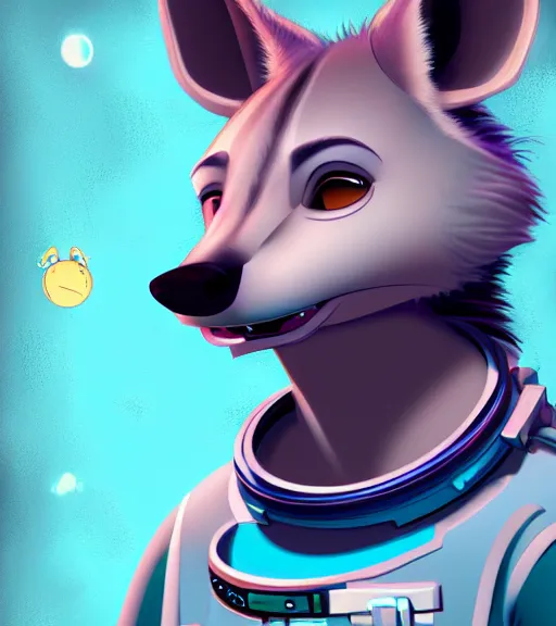 Image similar to digital detailed portrait of anthromorphic female hyena, in style of zootopia, fursona, furry, furaffinity, 4 k, deviantart, wearing astronaut outfit, in style of disney zootopia, floating in space, space background, in deep space, dark background, hyena fursona, cyberpunk, female, detailed face, style of artgerm,